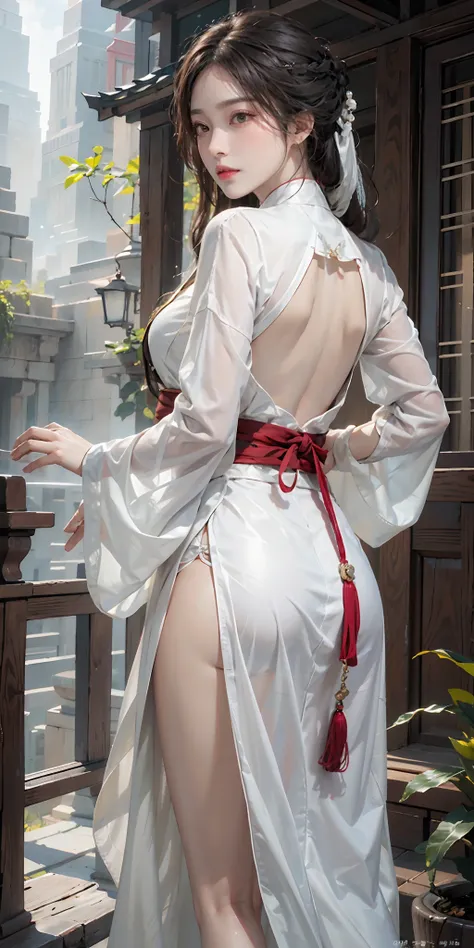 Photorealistic, high resolution, Soft light,1womanl, Solo, Hips up, shiny skins, (Detailed face), jewelry, Hanfu, in the style of Kung Fu, White hair, Back view