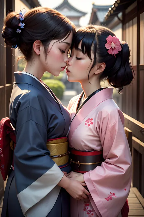 4k, high res. Japanese girl in a short kimono. Kissing another girl. One girl looking at the camera, other girl eyes closed. Girls are touching each other