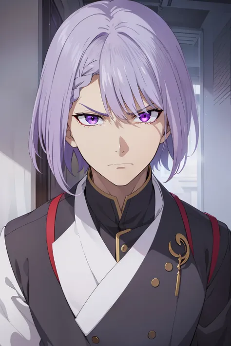 Has sharp purple eyes、Young man with lilac-gray hair. His left eye is obscured by his hair bangs、The hair on the other side is braided from a bob. Angry face.