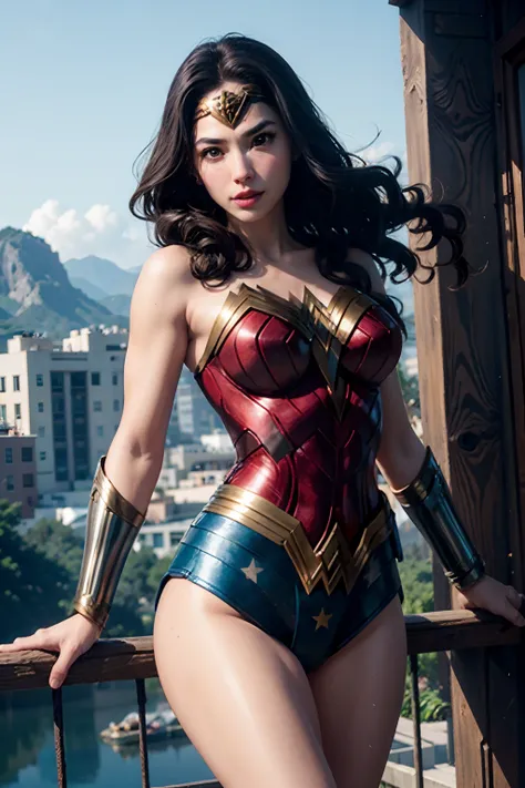 wonder woman, to jump, wonder in front of the sky_woman_cosplay_wearing a outfit、
good hand、4k、hight resolution、​masterpiece、top...