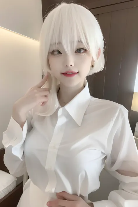 best quality, masterpiece, iamyoung22, 1girl, solo, looking at viewer, white hair, shirt,