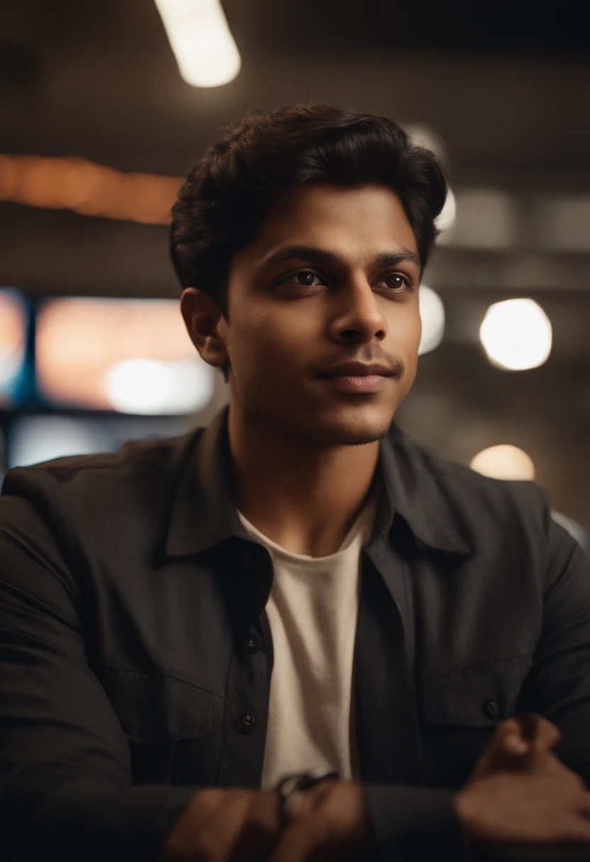 Hyper-realistic image of a 20-year-old Indian man, very similar to Elon Musk and Shah Rukh Khan, PORTRAIT STYLE, clear face, Happy Eyes, In the background, monitors with graphs of stocks and bonds are clearly visible