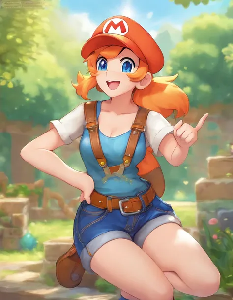 masterpiece, best quality, highres, 1girl, misty (pokemon), orange hair, solo, shorts, suspenders, side ponytail, orange hair, midriff, yellow crop top, navel, short hair, denim, denim shorts, smile, cowboy shot, standing, peace_sign, outdoors,