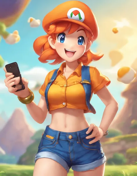 masterpiece, best quality, highres, 1girl, misty (pokemon), orange hair, solo, shorts, suspenders, side ponytail, orange hair, midriff, yellow crop top, navel, short hair, denim, denim shorts, smile, cowboy shot, standing, peace_sign, outdoors,