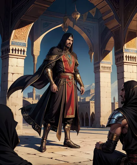 Islamic Castlevania Lord of the shadows hyper realistic super detailed Islamic Lord Dracula speaking to Islamic men in moroccan environnement hyper realistic super detailed Dynamic shot master piece