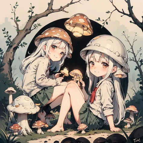 Simple drawing, Mushrooms and girls, tchibi, Cute, Big smile, Dark room, glowing mushrooms, Mushrooms + Mushrooms + Mushrooms + Mushrooms + Mushrooms, Mushrooms on the head, From the side Side，Watercolor illustration, Perfect anatomy, Masterpiece, Best qua...