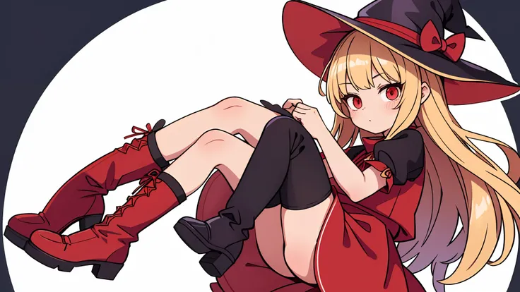 1girl in,Witch,Long hair, Blonde hair, Witch Hat,Red Eyes,Puffy sleeves,Dress,Red_Footwear, Short sleeves,long boots