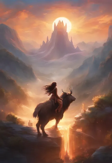 a far away landscape shot of a girl in causal clothing whos been reincarnated in spirit as an angel, riding a musk ox, a beam of holy godray lights pieces falls gracefully from the heavens to bestow apon her whole being as she glows in the holy light and r...