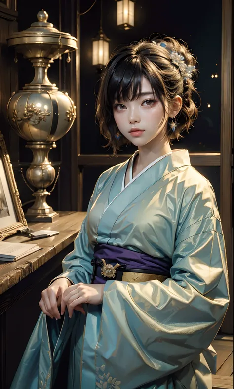 ((top-quality、​masterpiece:1.3))、sharp:1.2、Perfect Body Beauty:1.4、((Layered hairstyle))、(Kimono:1.1)、(shrines:1.2)、Highly detailed facial and skin texture、Detailed eye、二重まぶた、((short-length hair))、boyish、Cool、((unisex))、big eye、bangss、((One Woman))、Black e...