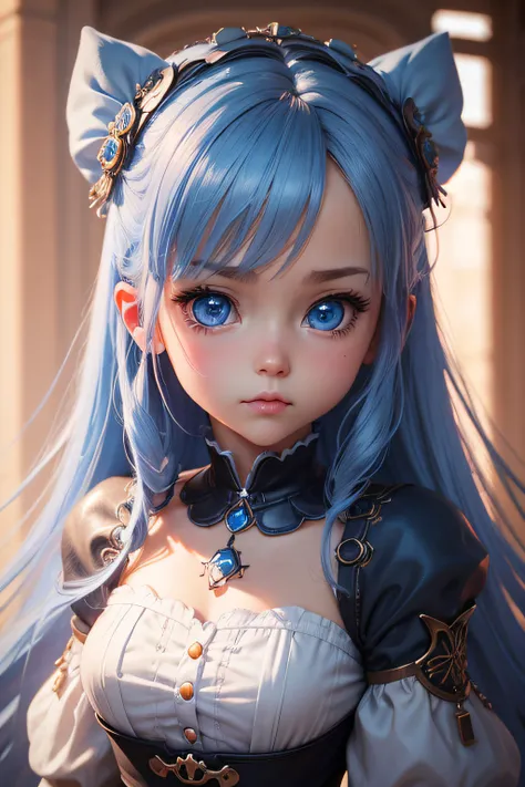 Close-up of a doll with blue eyes and tiers, a character portrait inspired by WLOP, pixiv, Fantasy Art, Adorable Digital Painting, cute detailed digital art, cute 3d render, Cute digital art, kawaii realistic portrait, Advanced Digital Chibi Art, Chibi Art...