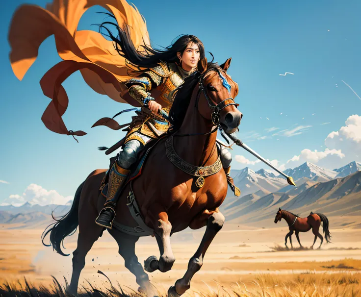 A fiercely realistic and detailed depiction of a Mongolian warrior astride a majestic horse galloping across the expansive steppe, capturing the essence of their nomadic spirit. detailed,photorealistic, 8k