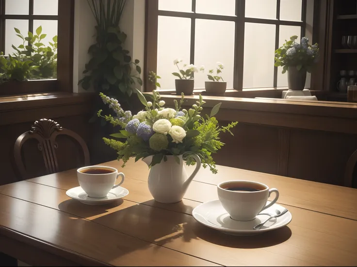 commercial photo, masterpiece, Super Detail, High quality, awardwinning, 8K, Cup with herbal tea, herb bouquet, The cup has a simple and sleek design, On the table, In a café with a classic interior, vignetted, calm and bright lighting