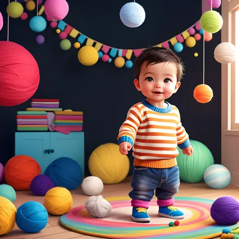 Capture a studio photography-style image of a 1-year-old boy standing, dressed in a striped knit sweater. Arrange many colorful balls of yarn beside him for a playful touch. Ensure the lighting is bright and even, typical of a studio setup. Highlight the c...