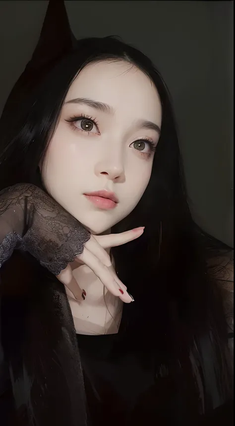 1girll,（enchanced quality：1.4），（Top quality true texture skin), Delicate face,Black hair, Gradient hair, Petite body,（perfect bodies：1.1）, There are precious stones on the forehead, rimless eyewears, Sparkling pupils，long eyelasher,grin, hyper photorealism...