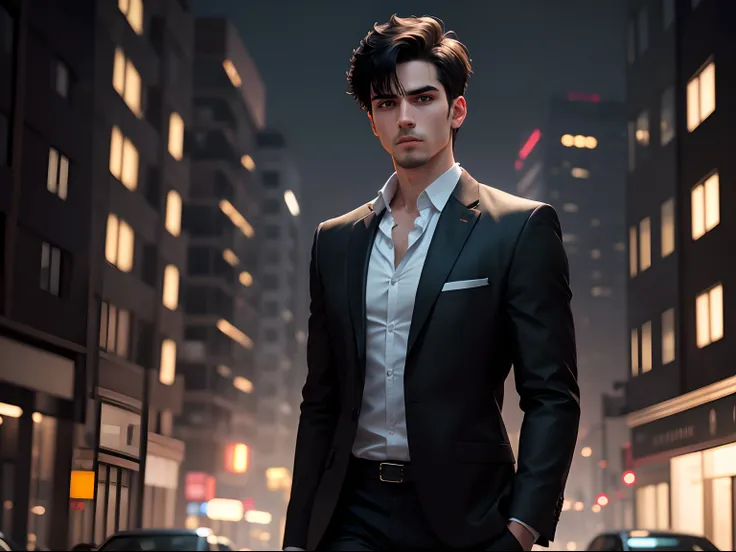 realistic 8k image of a 25 year old man, short black hair, wearing a black blazer with a white blouse underneath, determined expression, walking down a night street, night scene