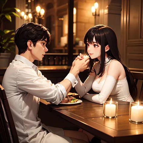 A guy and a girl sit at a long table and have dinner,staring at each other,Candles are burning on the table, they are dressed in a classic costume,romance,Love,Evening dinner steak on a plate