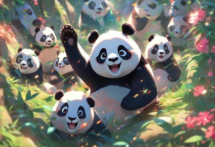 Full-body pandas are put to the test during their adventure，Has big eyes，Blushlush，lazy，greet, 。.。.3D, 4K