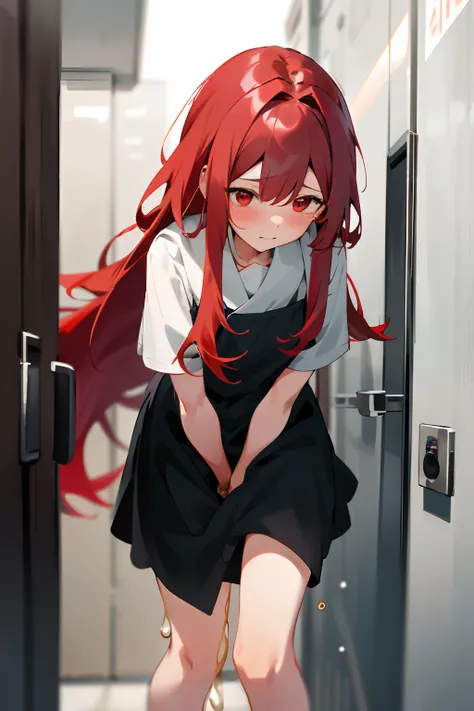 Peeing、A girl with long hair and a dress、A girl goes to the toilet、Look away、Its standing、embarrassed from、Blushing、Red hair and red eyes、Keep your mouth shut、A street(The girl is peeing):0.4)、Liquid in the crotch