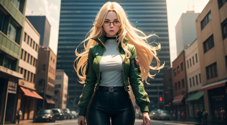 first person woman, nerd, glasses, statant in a cyberpunk city, blonde long hair, strong, green clothes, dark trousers