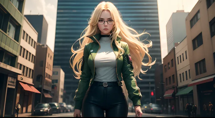 first person woman, nerd, glasses, statant in a cyberpunk city, blonde long hair, strong, green clothes, dark trousers