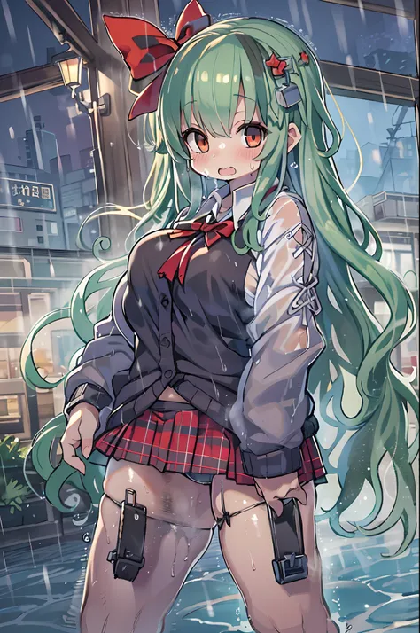 Best Quality, hight resolution, absurderes, Ultra-detailed, Suzuya_(kancolle), 1girl in, long_hair, Skirt, Solo, Shirt, Rain, Wet_Clothes, hair_ornament detached, Wet, breasts, Underwear, pleats_Skirt, See-through, bowtie, Red_Bow、bbw、thick thight、big butt...