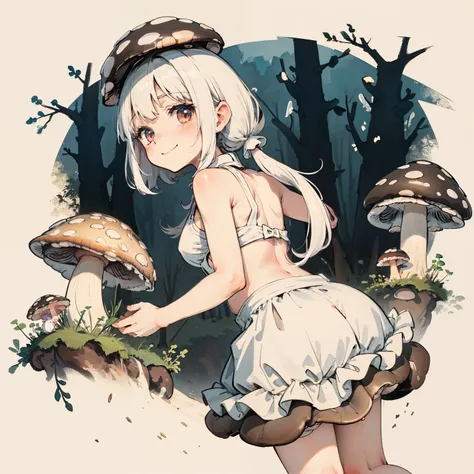 Simple drawing, Mushrooms and girls, tchibi, Cute, Big smile, Dark room, glowing mushrooms, Mushrooms + Mushrooms + Mushrooms + Mushrooms + Mushrooms, Mushrooms on the head, From the side Side，Dancing，Watercolor illustration, Perfect anatomy, Masterpiece, ...