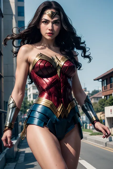 Offensive Stance, Wonder woman, to jump, Empty background, Good Hand、4K、hight resolution、​masterpiece、top-quality、headw:1.3、((Hasselblad photo))、Fine skin、foco nítido、(Cinematographic lighting)、natta、Soft lighting、dynamic ungle、[:(详细的脸:1.2):0.2]、Medium che...