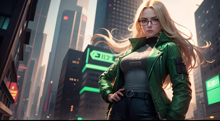 first person woman, nerd, glasses, statant in a cyberpunk city, blonde long hair, strong, green clothes, dark trousers, pointing at me