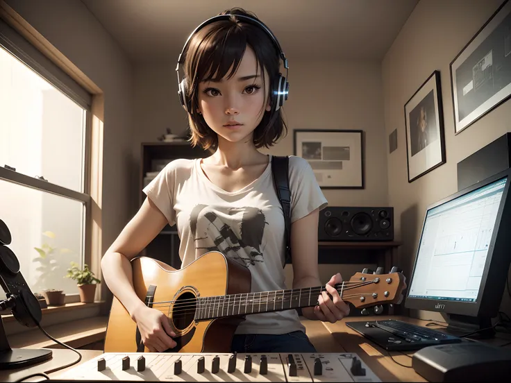 masutepiece: 1.3, Top resolution, Highest Quality, 8K, Photorealistic, Perfect Detail, Perfect Lighting, (1 girl), Solo, Girl making music on computer in home studio, Unreal Engine, Rembrandt, Empty and minimalist quiet recording studio, With microphone an...