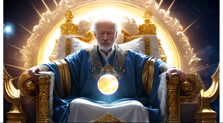 arafed image of a man sitting in a throne with a crystal ball, god emperor biden, the god emperor of mankind, portrait of emperor of mankind, sitting on golden throne, sat in his throne, god emperor, sitting on a golden throne, emperor of the known univers...