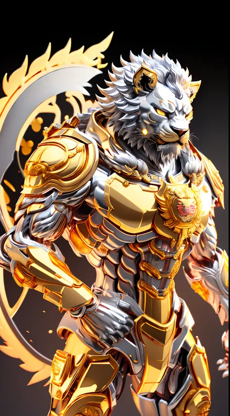 CHINESE LION, (Gold, Silver:1.5), LION HEAD, HEAVY CRYSTAL ARMOR, TRANSPARANT, MUSCLE BODY.