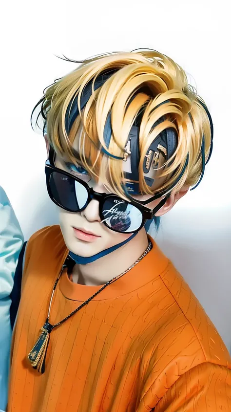 Manhwa character, Caucasian, blonde hair, wearing sunglasses, orange sweater, blue eyes, male, realistic, ultra detail, 70mm lens