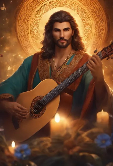 character is a Qareen, which is a race from the Storm universe. He is a skilled bard, com longos cabelos dourados e olhos brilhantes. He is wearing a colorful robe with elven details, and carries with it a magical lute that emits a soft, enveloping light. ...