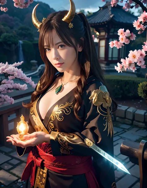 ((World of Darkness)),Professional , ​masterpiece、top-quality、photos realistic , depth of fields 、（sexypose）、(Background of cherry blossoms in full bloom),（Ultimate Beauty）、A dark-haired、（White bikini armor)、（Kimono with beautiful pattern）、（Night backgroun...