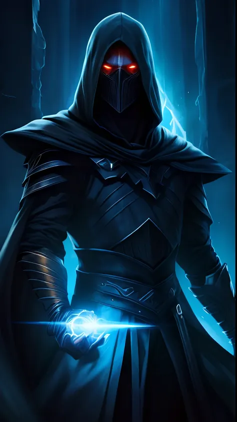 Man in a dark robe, Holding light, dark hooded wraith, Dark clothes, sleek glowing armor