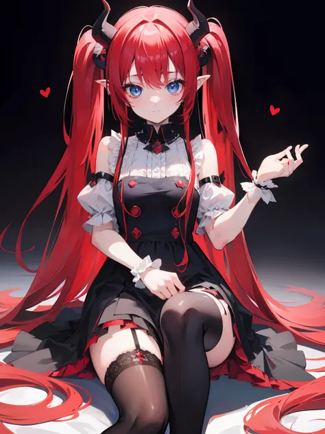 red hair,blue eyes,twintails, long hair, solo, loli, black stockings,{{best quality}}, {{masterpiece}}, {{ultra-detailed}}, {illustration}, {detailed light}, {an extremely delicate and beautiful},little girl,cute,Succubus, demon,horns