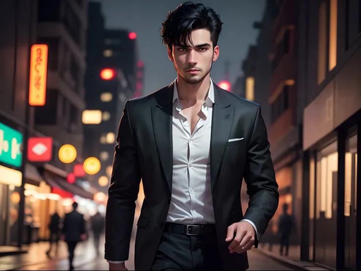 realistic 8k image of a 25 year old man, short black hair, wearing a black blazer with a white blouse underneath, determined expression, walking down a night street, night scene