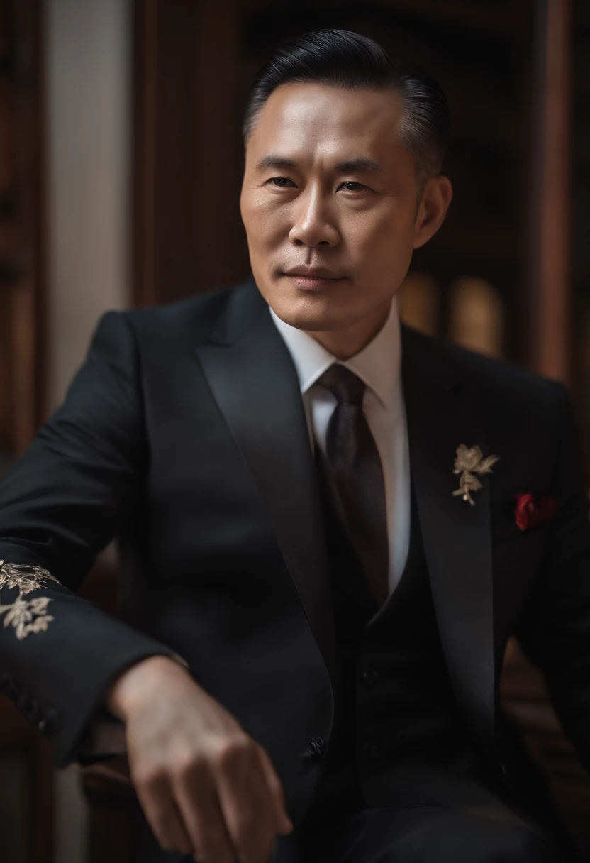 1man，A 50-year-old Chinese man，Wearing a black embroidered Zhongshan suit，Gentle face，The upper part of the body，frontage，gentlesoftlighting，tmasterpiece，best qualtiy，8K  UHD，digital SLR camera，filmgrain，Midjourney and greg rutkowskis Fujifilm XT3 realisti...