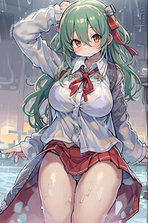 Best Quality, hight resolution, absurderes, Ultra-detailed, Suzuya_(kancolle), 1girl in, long_hair, Skirt, Solo, Shirt, Rain, Wet_Clothes, hair_ornament detached, Wet, breasts, Underwear, pleats_Skirt, See-through, bowtie, Red_Bow、bbw、thick thight、big butt...