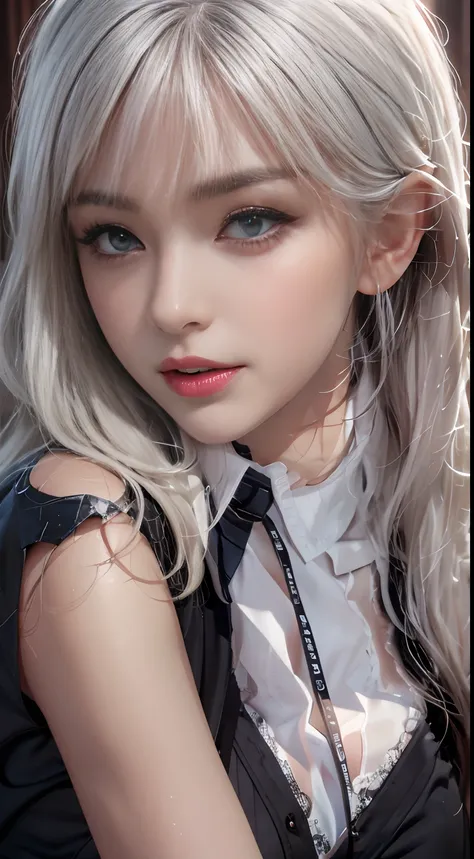 Photorealistic, High resolution, 1 Women, Solo, waist-up, Beautiful eyes, Close lips, Detailed face, White hair, Pixie Hair, Collared shirt, black necktie,Black skirt, pencil skirts, Fur coat, Stockings