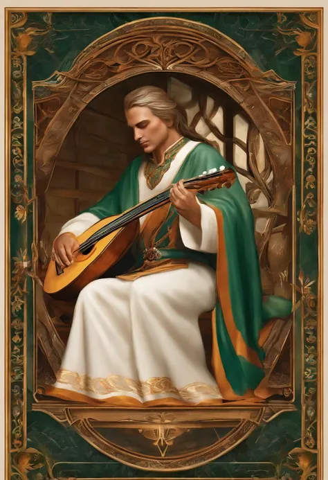 character is a Qareen, which is a race from the Storm universe. He is a skilled bard, de 45 anos, com longos cabelos dourados e olhos brilhantes. He is wearing a colorful robe with elven details, and carries with it a magical lute that emits a soft, envelo...