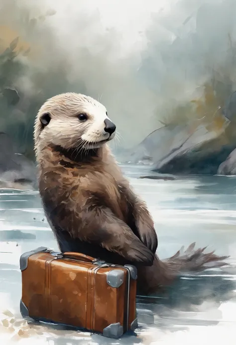 Perfect centering, Cute sea otters, Pulling the suitcase, sad， are worn，Abstract beauty, Centered, With his back to the camera, nearing perfection, Dynamic, Highly detailed, smooth, Sharp focus, 8K, high definition resolution, illustration, Art by Carne Gr...