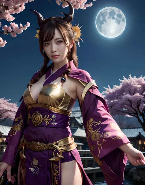 ((World of Darkness)),Professional , ​masterpiece、top-quality、photos realistic , depth of fields 、（sexypose）、(Background of cherry blossoms in full bloom),（Ultimate Beauty）、A dark-haired、（White bikini armor)、（Kimono with beautiful pattern）、（Night backgroun...