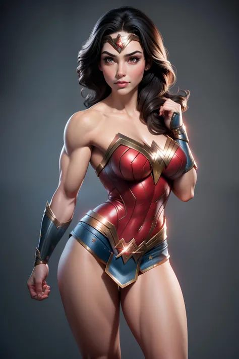 Wonder woman, Portrait photography by Art Germ, In the style of realism, glistning skin, Cartoon Core, Mangacore, Natural lighting, Defined full lips. Muscular Fitness Feminine Body, full body Esbian,