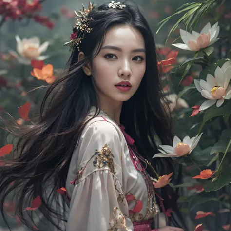 32K（tmasterpiece，k hd，hyper HD，32K）Long flowing black hair，ponds，zydink， a color， Aozhou people （Concubine girl）， （Purple silk scarf）， Combat posture， looking at the ground， long whitr hair， Floating hair， Carp pattern headdress， Chinese long-sleeved cloth...