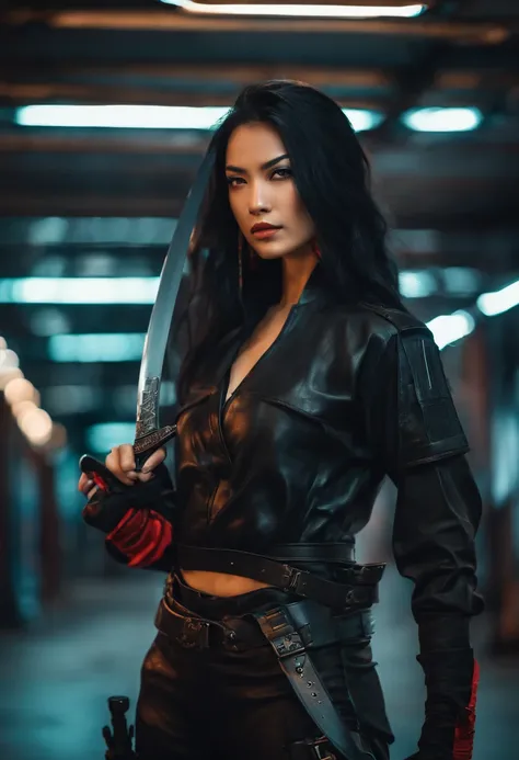 Handsome girl , warrior, Long black hair, Black leather jumpsuit, Combat pose, Katana in hand, Cyberpunk Style , Cyber samurai style