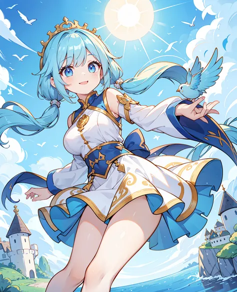 A sky castle with full of village, birds on the sky ,sun ,brightness , 1 lady with 2 extra legs , (boobs size 13) , cute , staring, smiling bright , sexy , princess clothes , light blue hair with 2 pigtails , aquamarine color eyes, tight waist , extra peop...