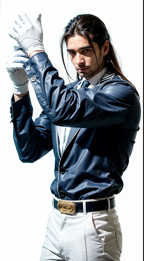 Spanish man, long straight hair in black color, blue shirt, white pants, white gloves, ultra realistic picture