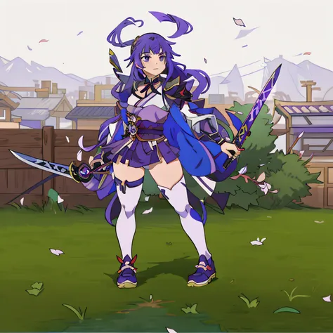 Anime girl wearing purple hair and purple shoes and holding two swords, katana zero video game character, ayaka genshin impact, anime style like fate/stay night, ayaka game genshin impact, Anime fencer, jrpg character, Artoria Pendragon, Female Action Anim...