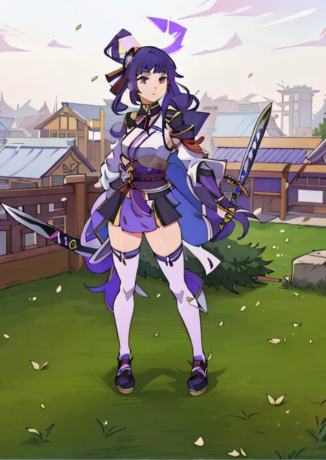 Anime girl wearing purple hair and purple shoes and holding two swords, katana zero video game character, ayaka genshin impact, anime style like fate/stay night, ayaka game genshin impact, Anime fencer, jrpg character, Artoria Pendragon, Female Action Anim...